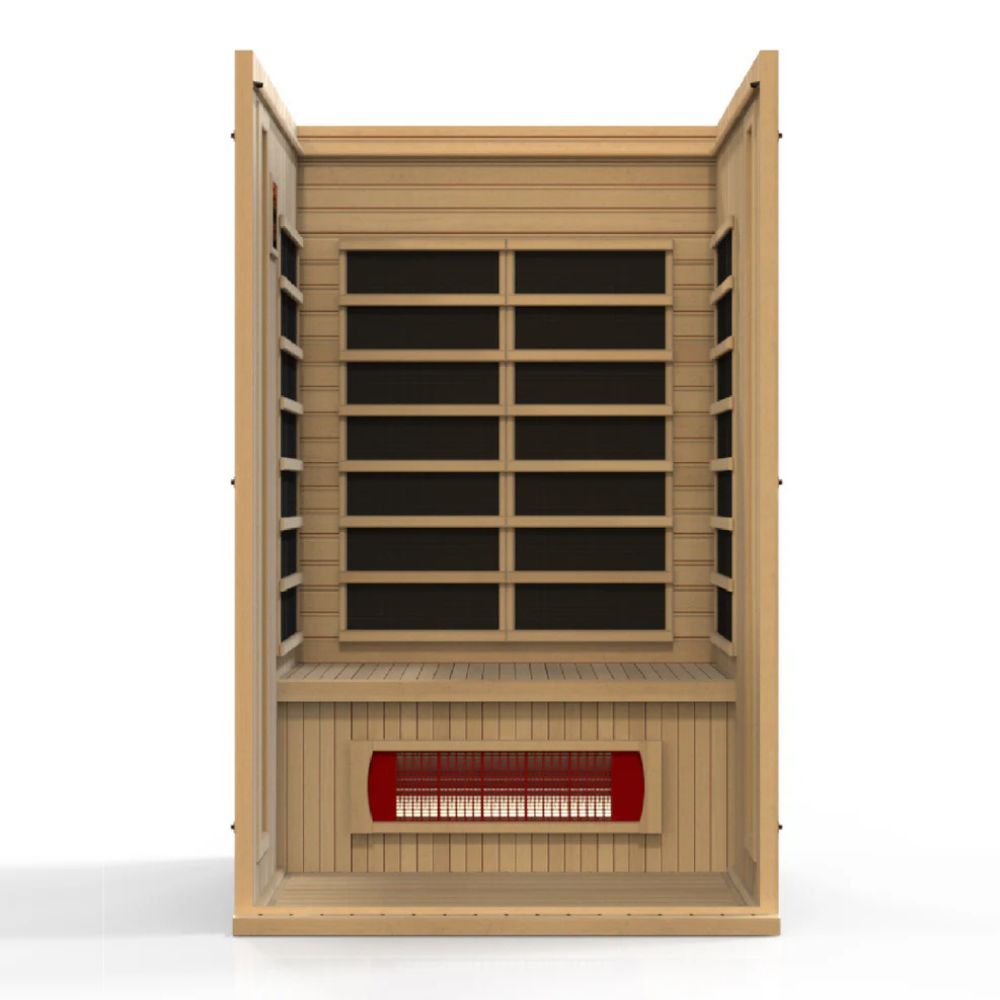 Wooden sauna with a red heating element on a white background