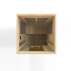 Wooden sauna interior with benches and air vents on a white background
