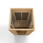 Wooden sauna with slatted design on a white background