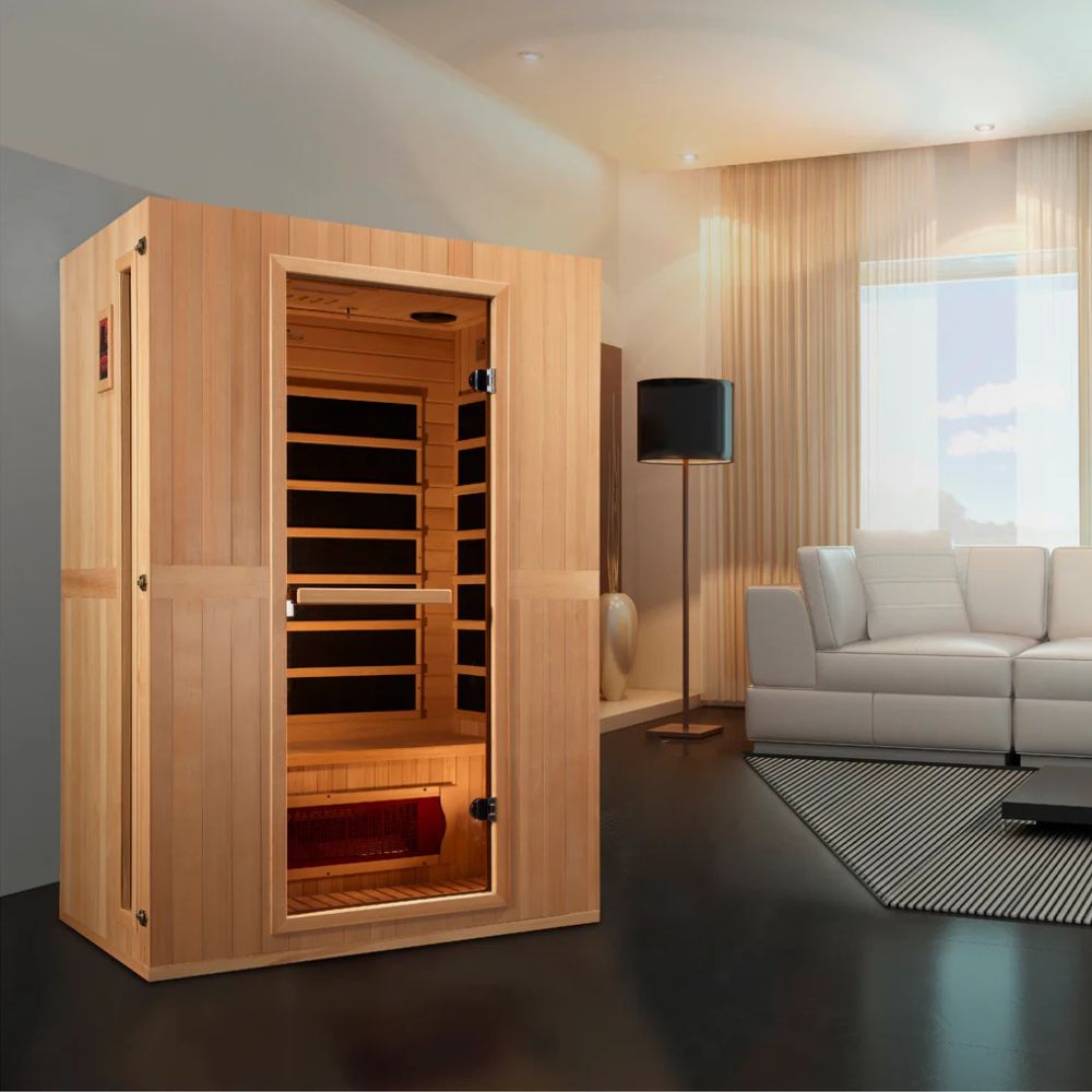 Wooden sauna in a modern living room with a white sofa and large window.