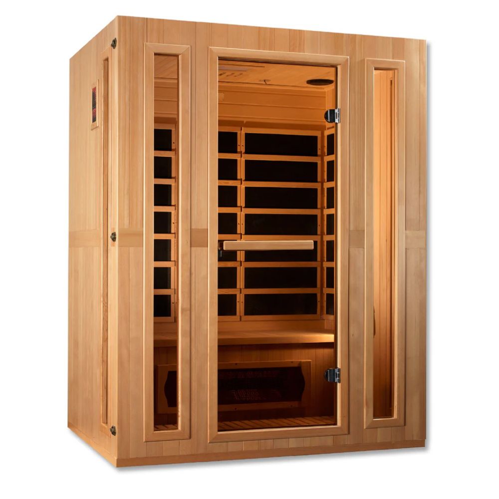 Wooden infrared sauna with glass door on a white background