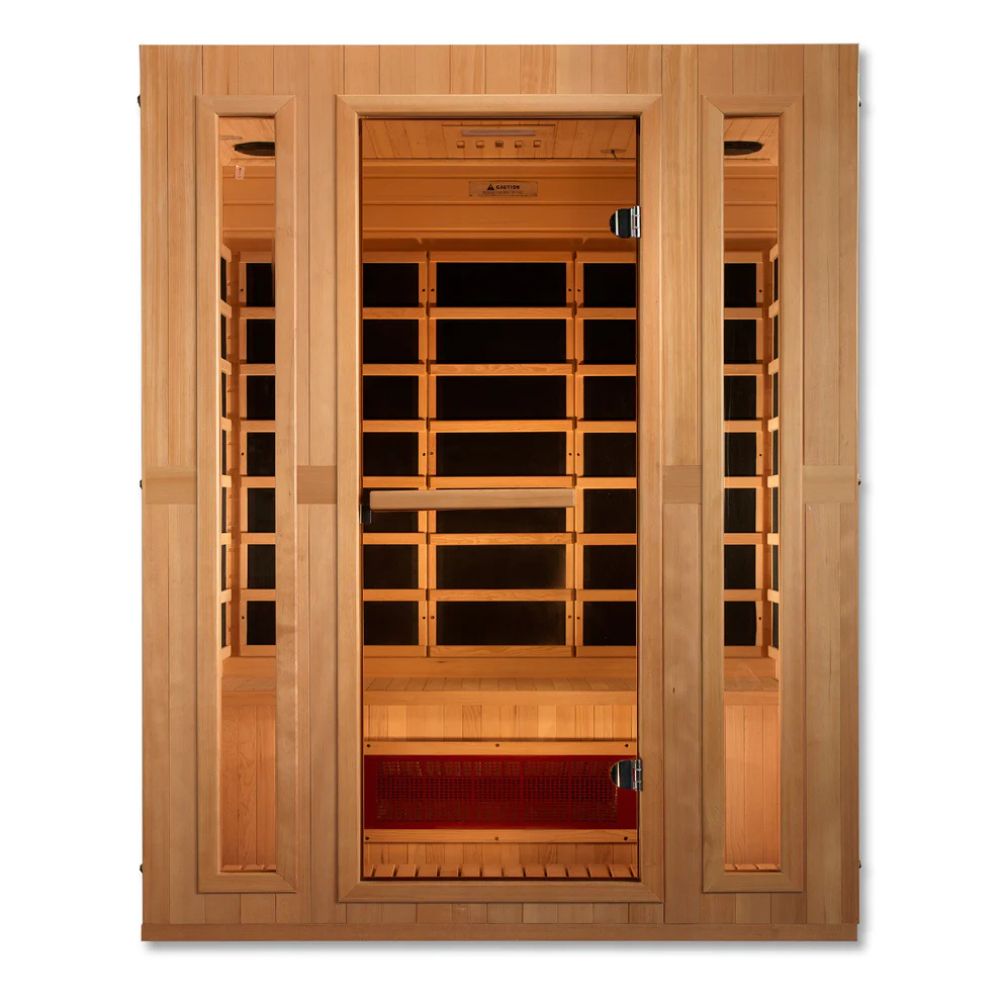 Wooden sauna with glass panels on a white background