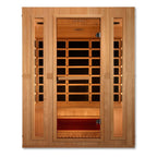 Wooden sauna with glass panels on a white background