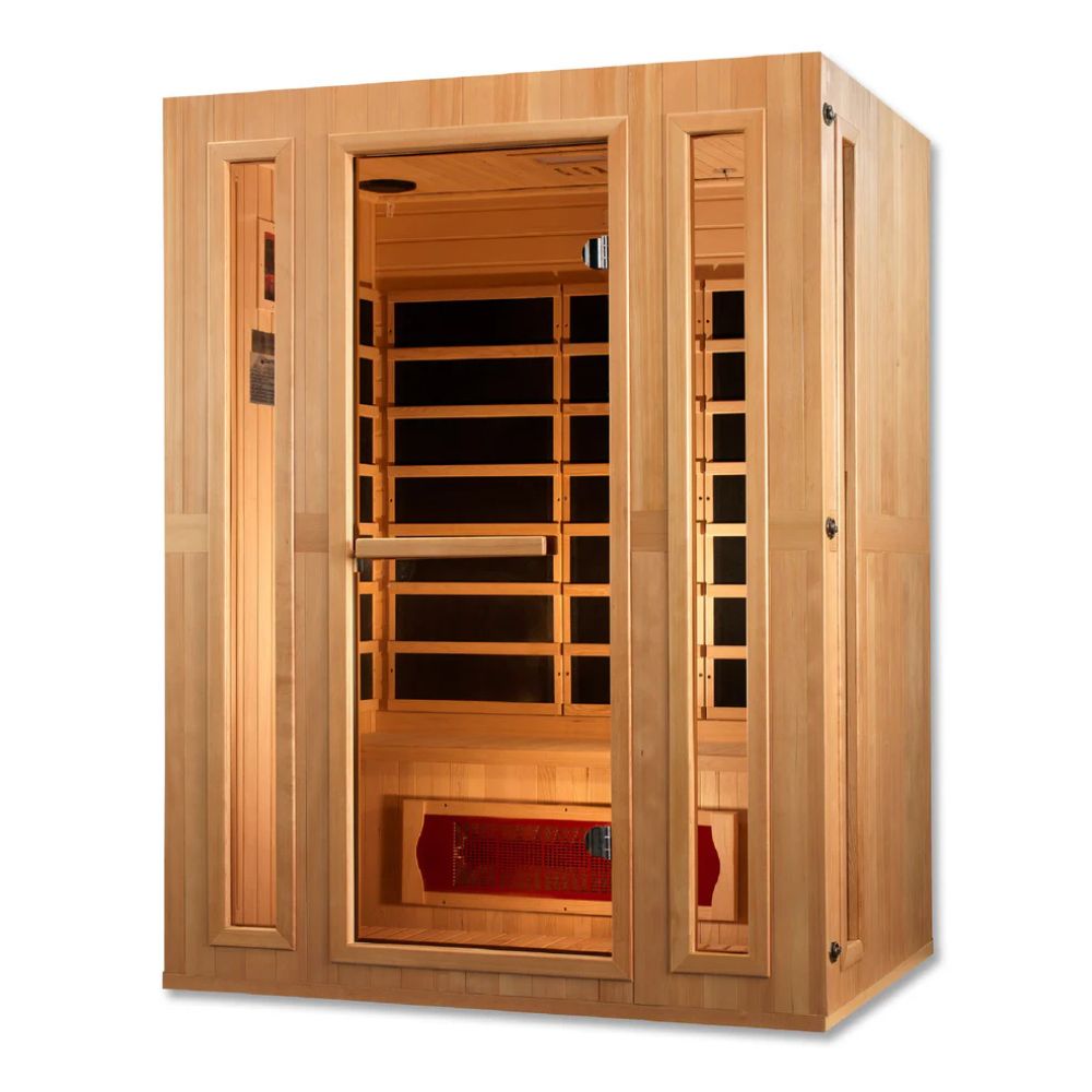 Wooden infrared sauna with glass door on a white background
