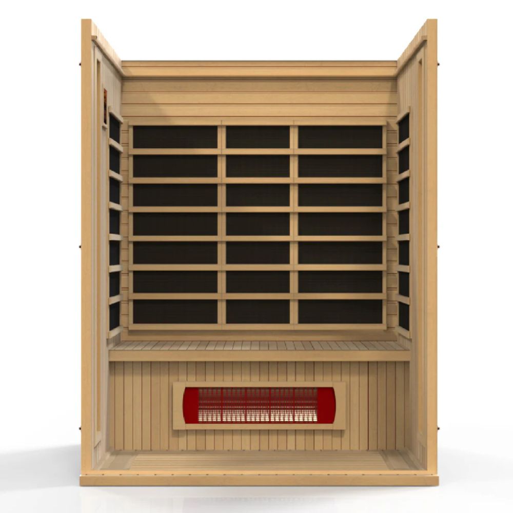 Wooden sauna with a red heating element on a white background