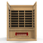 Wooden sauna with a red heating element on a white background