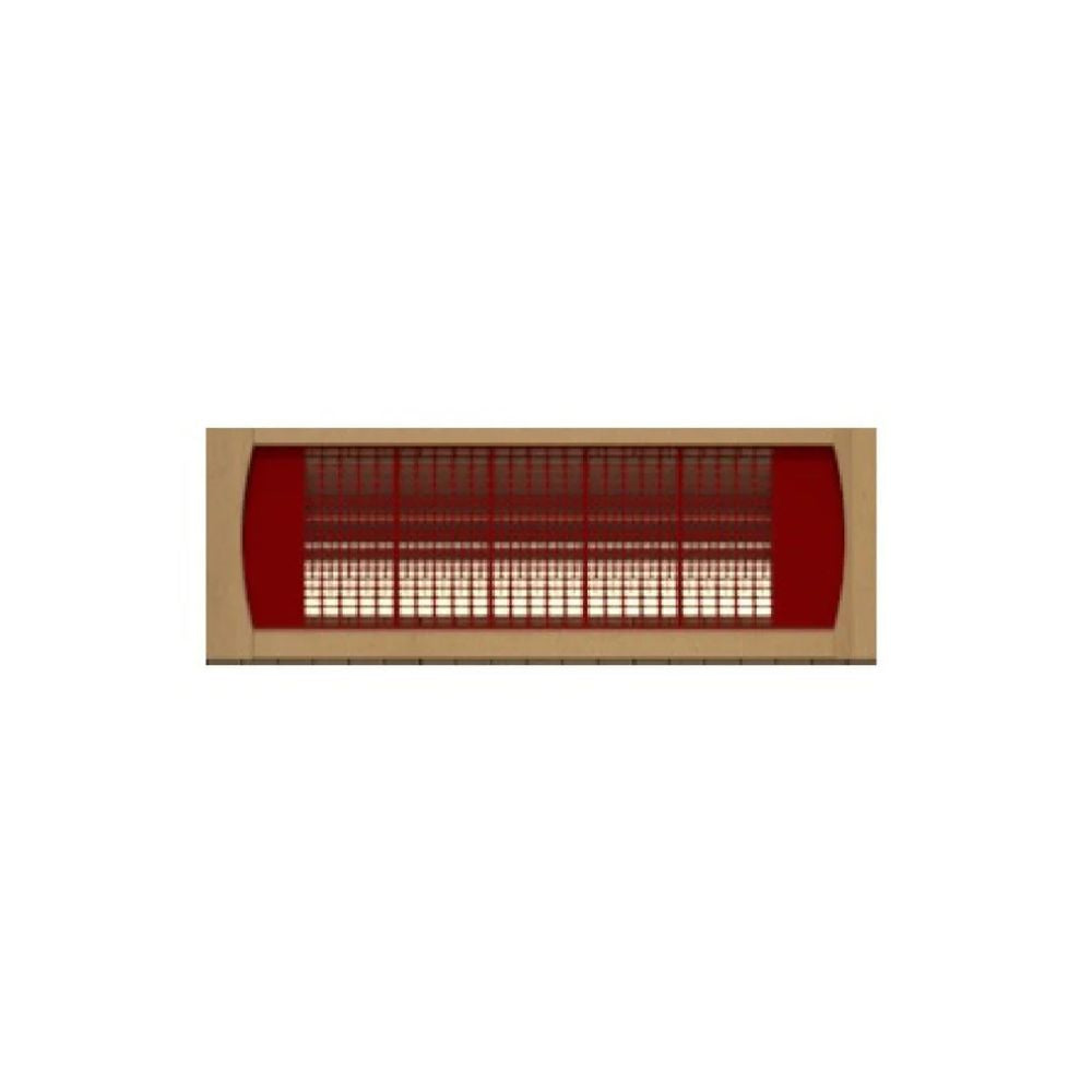Rectangular heater with red interior and wooden frame on a white background