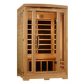 Wooden sauna with glass doors on a white background
