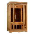 Wooden sauna with glass doors on a white background