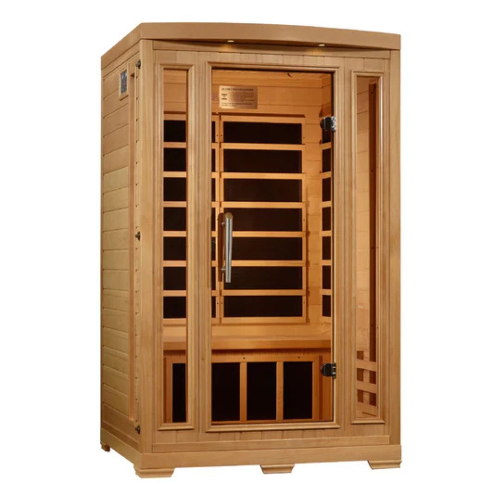 Wooden sauna with glass doors on a white background