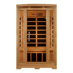 Wooden sauna with glass door on a white background