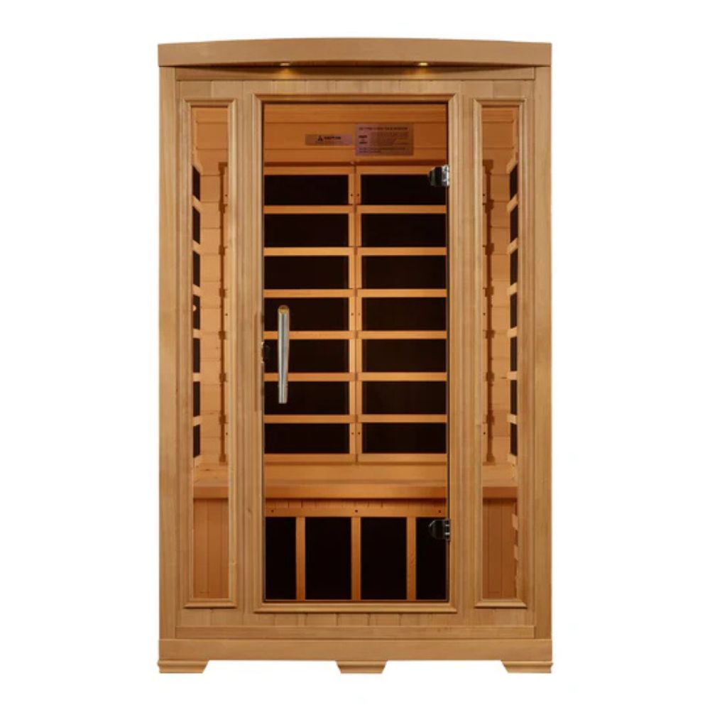 Wooden sauna with glass door on a white background