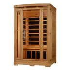 Wooden sauna with glass doors on a white background