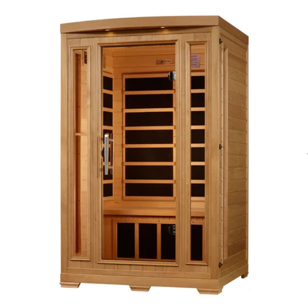 Wooden sauna with glass doors on a white background