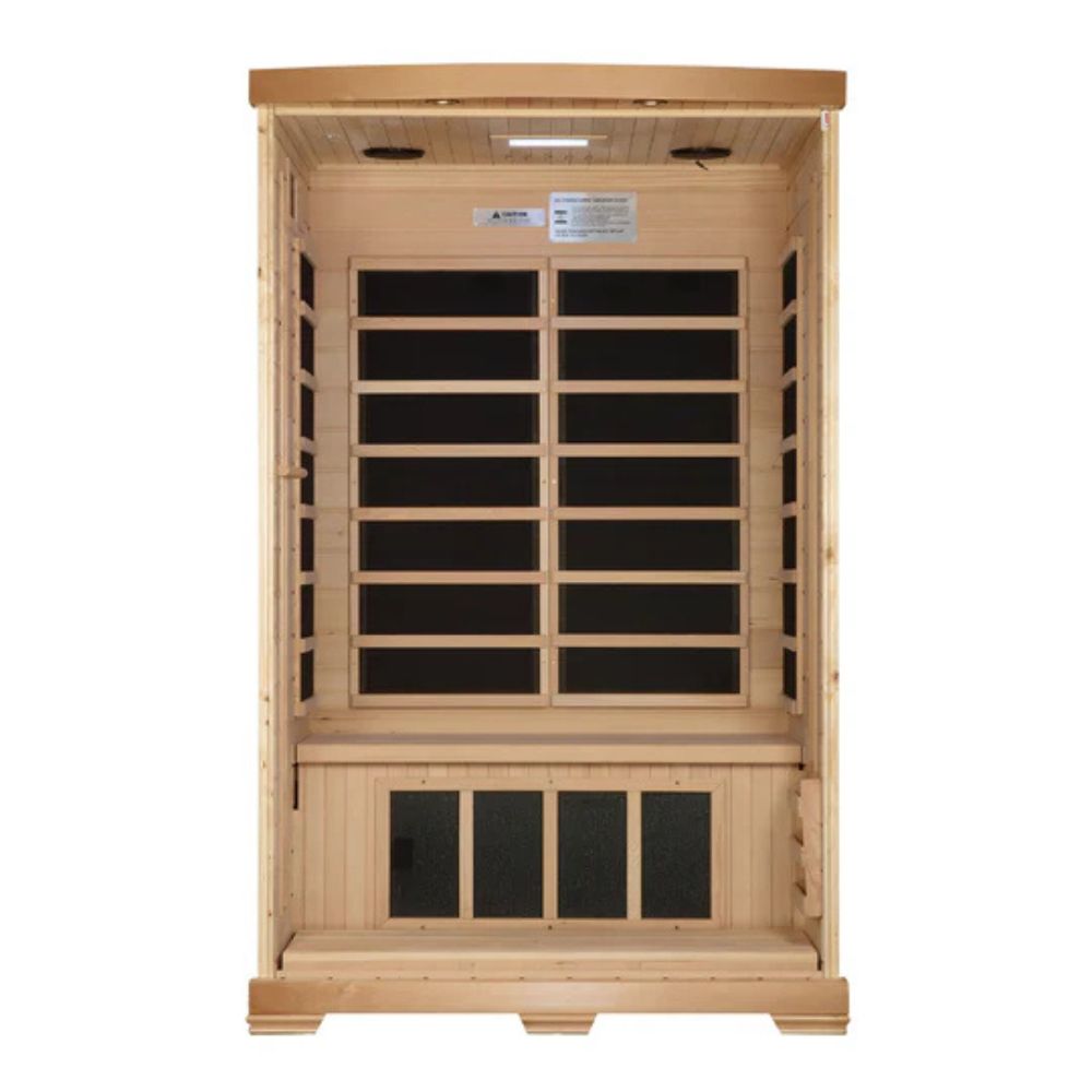 Wooden sauna with glass panels on a white background