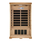 Wooden sauna with glass panels on a white background