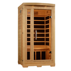Wooden sauna with glass door on a white background