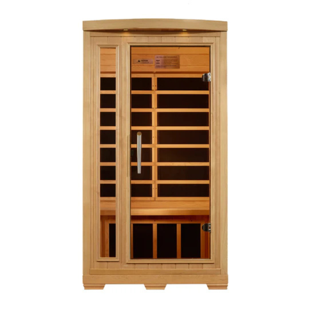 Wooden sauna with glass doors on a white background