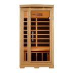 Wooden sauna with glass doors on a white background