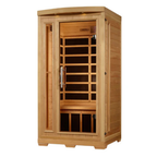 Wooden sauna with glass panels on a white background