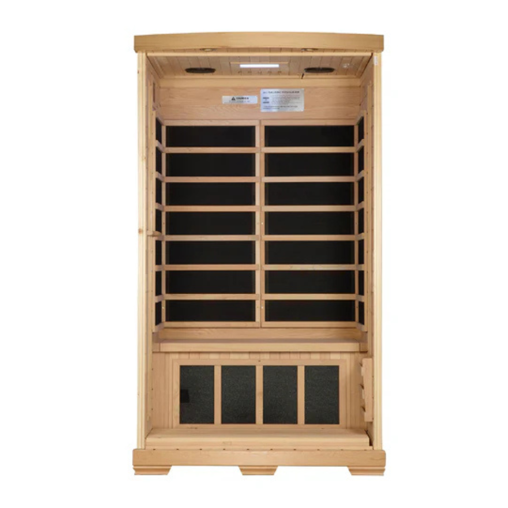 Wooden bookshelf with glass doors on a white background