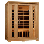 Wooden sauna with glass doors on a white background