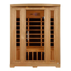 Wooden sauna with glass doors on a white background