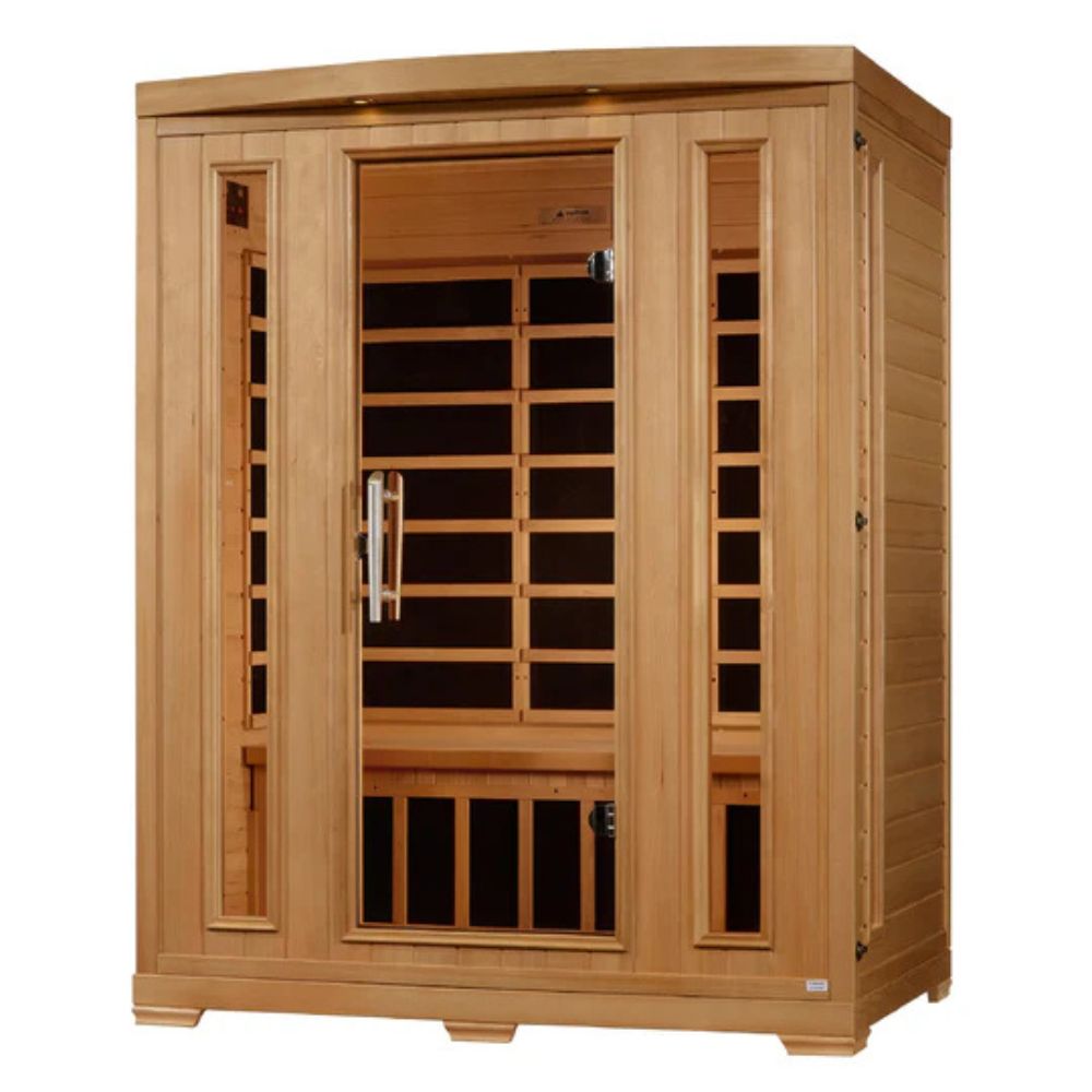 Wooden sauna with glass doors on a white background