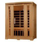 Wooden sauna with glass doors on a white background