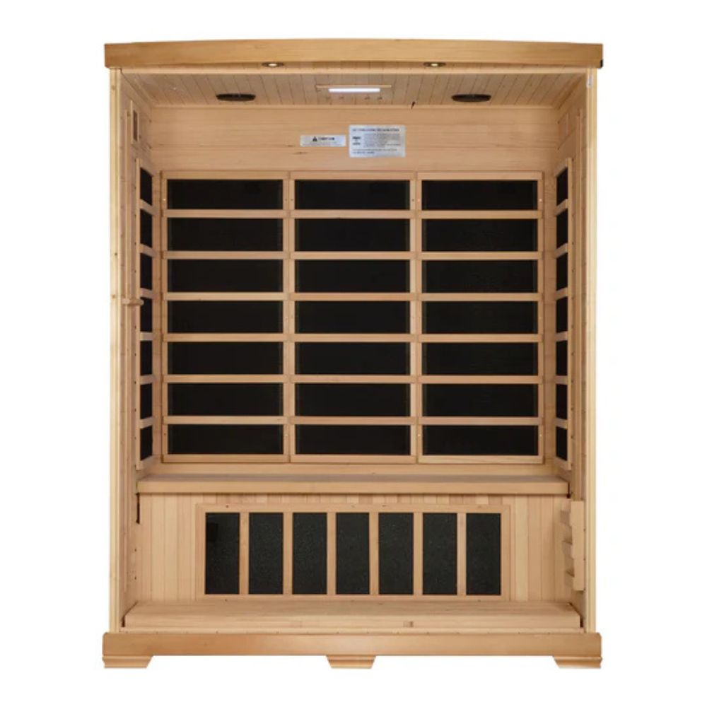 Wooden sauna with black interior on a white background