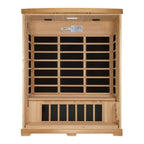 Wooden sauna with black interior on a white background