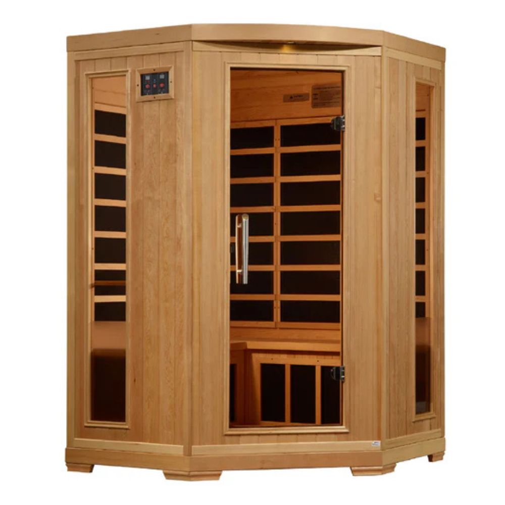 Wooden sauna with glass door on a white background