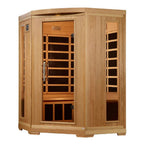 Wooden sauna with glass panels on a white background