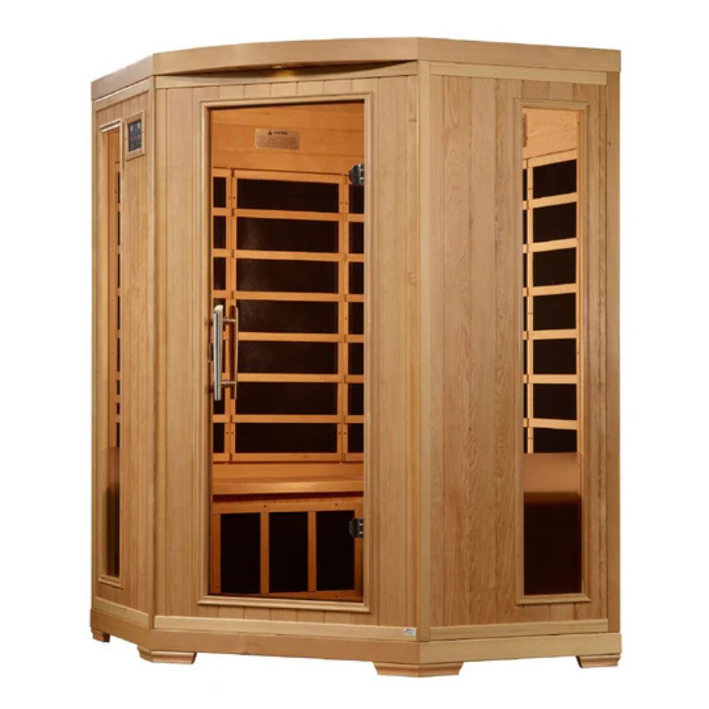 Wooden sauna with glass panels on a white background