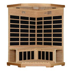 Wooden sauna with black interior on a white background
