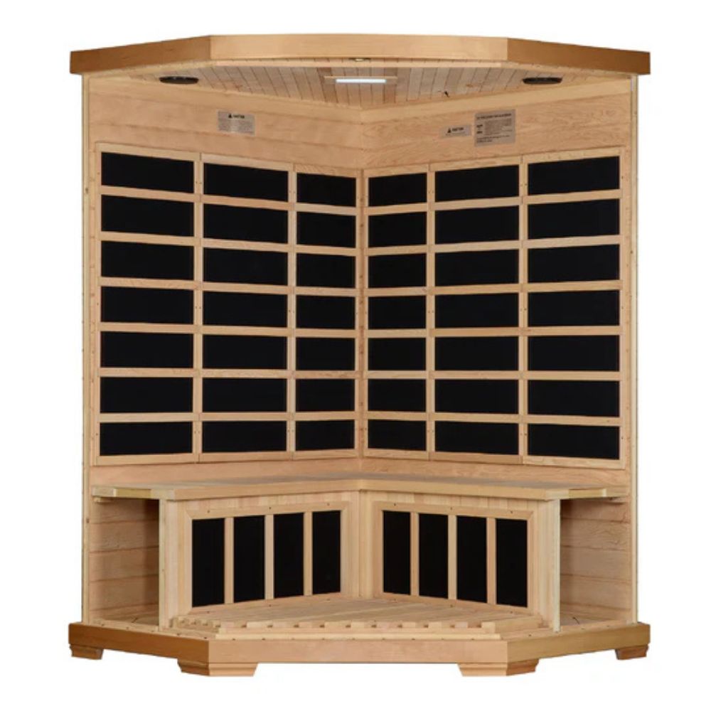 Wooden sauna with black interior on a white background