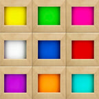 Nine wooden frames with colorful square inserts on a beige background