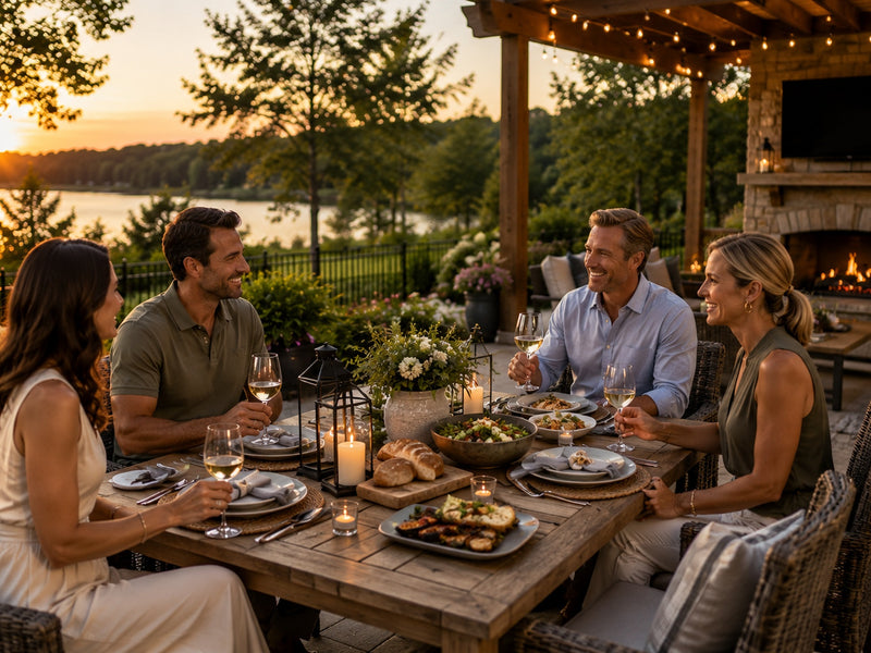 Four adults enjoying an alfresco dinner with wine at a warmly lit lakeside patio table in the early evening.
