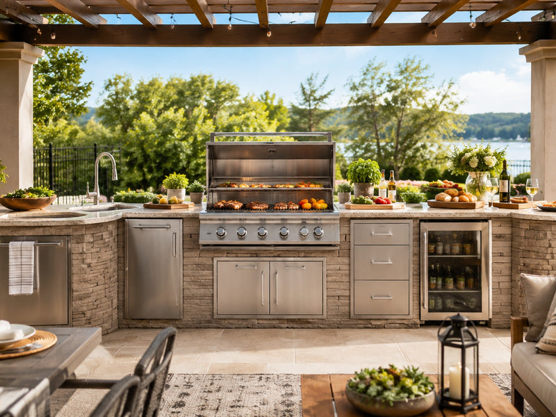 Fully equipped outdoor kitchen with built-in grill, sink, storage, and organized prep space overlooking a lake.