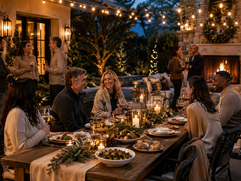 Friends gathered for an outdoor holiday dinner with warm string lights, candles, seasonal greenery, and a glowing fireplace.