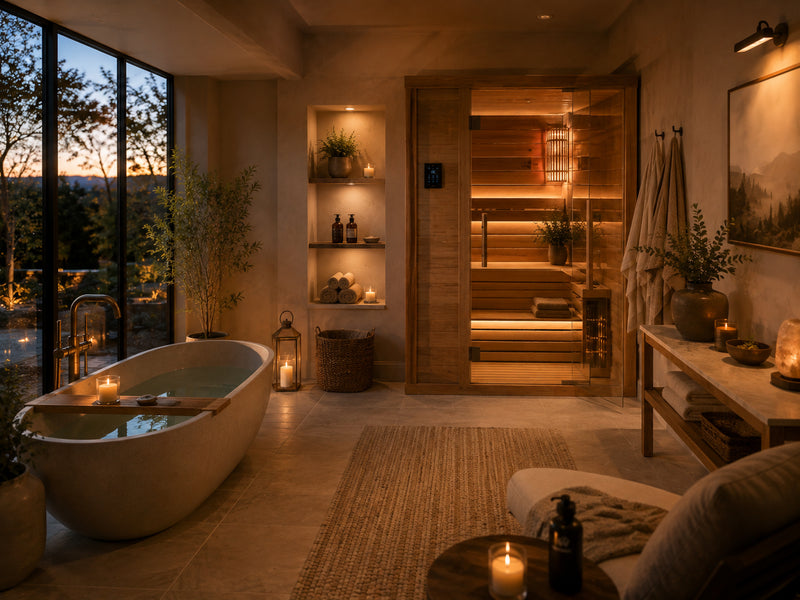 Serene home spa with a glass-front sauna, freestanding soaking tub, natural materials, soft lighting, and calming decor.