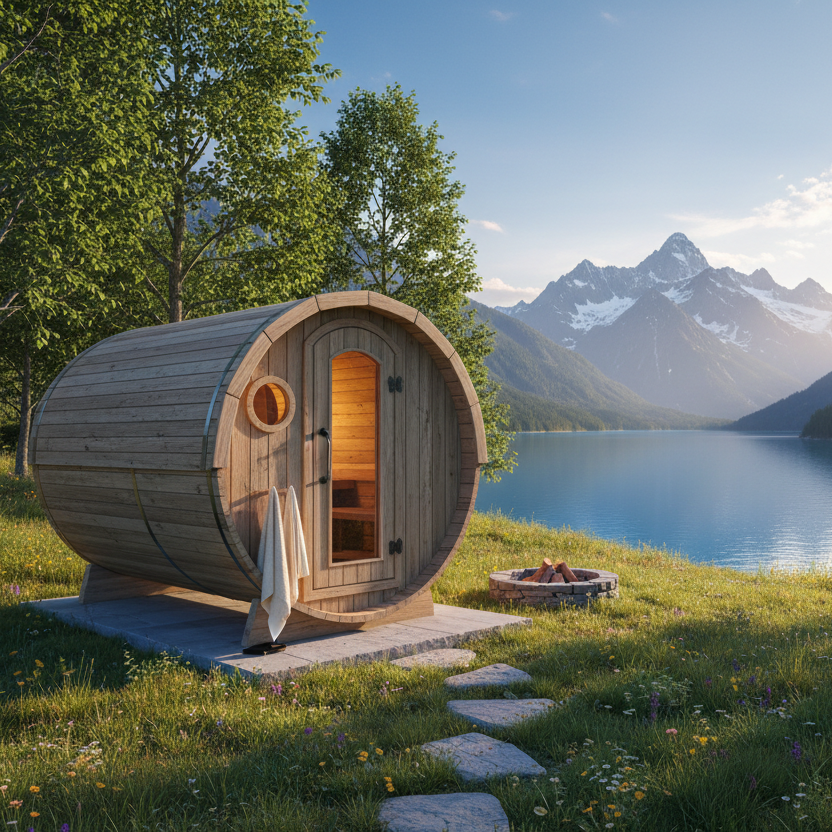 outdoor sauna in a barrell shape against an idylic landscape